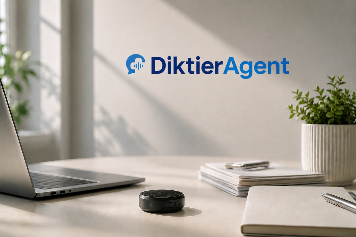 Arbeitsplatz mit Laptop, Diktiermikrofon und DiktierAgent-Logo